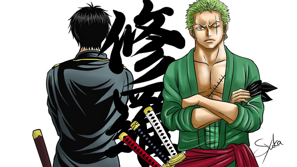 Anime picture 1920x1080 with one piece gintama sunrise (studio) toei animation roronoa zoro hijikata toshiro one syuka looking at viewer highres short hair black hair simple background wide image standing white background green eyes signed upper body one eye closed green hair