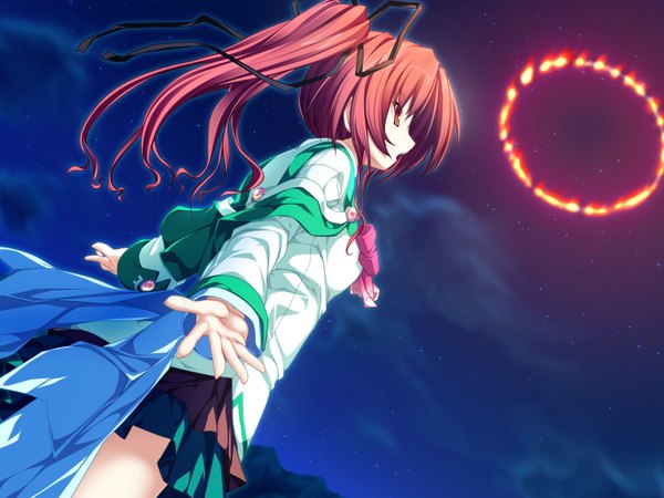 Anime picture 1600x1200 with magus tale whirlpool (studio) seera finis victoria tenmaso long hair open mouth red eyes game cg ponytail red hair profile night night sky spread arms fireworks girl uniform ribbon (ribbons) hair ribbon school uniform