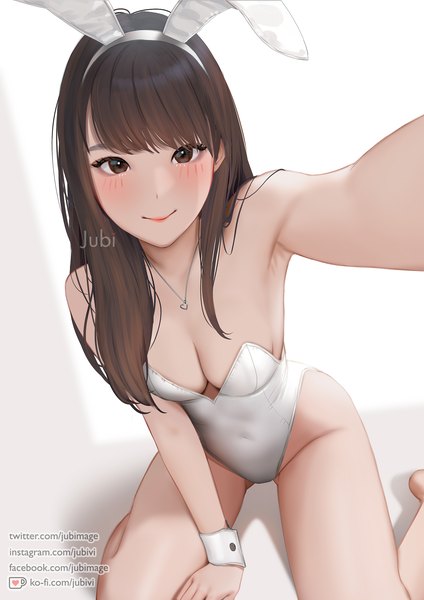 Anime picture 2480x3508 with original jubi (regiana) single long hair tall image fringe highres breasts light erotic simple background smile brown hair large breasts white background sitting brown eyes signed animal ears cleavage blunt bangs