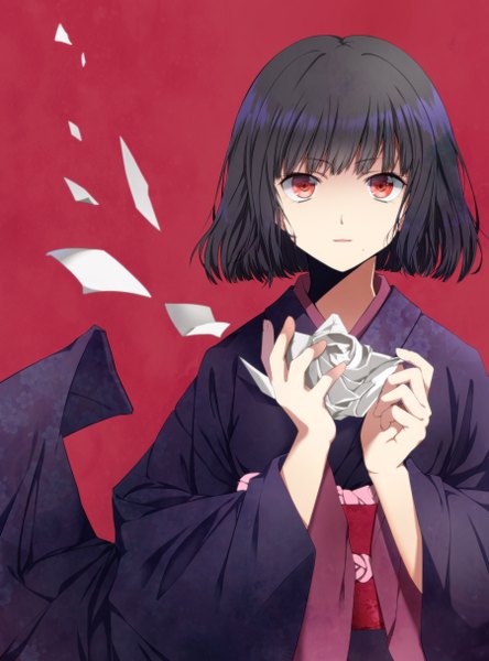 Anime picture 1800x2428 with hunter x hunter kalluto zoldyck taccomm single tall image looking at viewer fringe highres short hair black hair simple background red eyes holding upper body blunt bangs traditional clothes japanese clothes mole wide sleeves red background