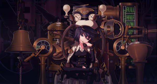 Anime picture 1492x800 with touhou murasa minamitsu tama (speedgrapher) black hair smile wide image aqua eyes smoke mechanical girl hat machine