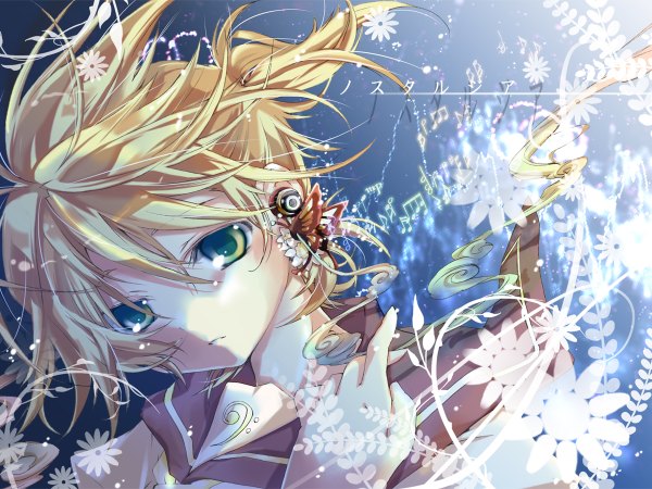 Anime picture 1200x900 with vocaloid kagamine len hekicha single fringe short hair blonde hair hair between eyes green eyes ponytail inscription looking down sailor collar boy musical note