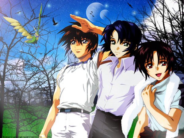 Anime picture 1600x1200 with mobile suit gundam gundam seed destiny sunrise (studio) kira yamato athrun zala shinn asuka torii (gundam) short hair open mouth smile red eyes brown hair green eyes blue hair grey eyes wallpaper group twisty sleeves salute towel around neck