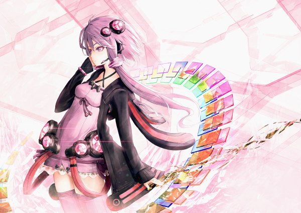 Anime picture 1200x848 with vocaloid yuzuki yukari ajigo long hair fringe breasts hair between eyes standing twintails animal ears looking away pink hair profile pink eyes open jacket bunny ears low twintails outstretched arm fake animal ears pink background