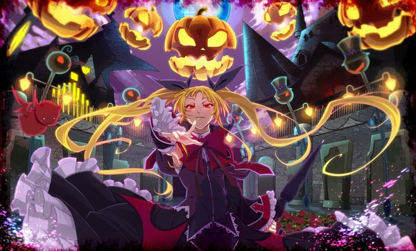 Anime picture 1652x1000 with blazblue rachel alucard gii sayo wini single long hair looking at viewer blonde hair red eyes wide image twintails wind night night sky glowing halloween glowing eye (eyes) pointing weightlessness girl