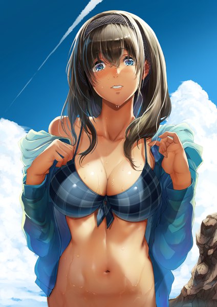 Anime picture 707x1000 with idolmaster idolmaster cinderella girls sagisawa fumika nohito single long hair tall image looking at viewer blush breasts blue eyes light erotic brown hair large breasts standing sky cleavage cloud (clouds) upper body outdoors