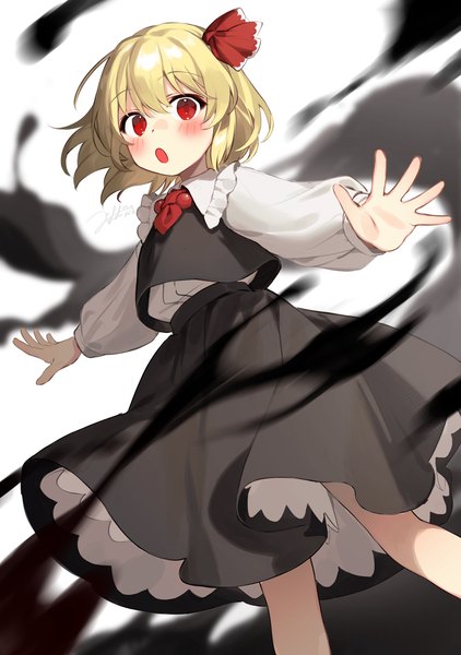 Anime picture 1442x2048 with touhou rumia jill 07km single tall image looking at viewer blush short hair blonde hair red eyes :o spread arms girl skirt ribbon (ribbons) hair ribbon black skirt skirt set blouse