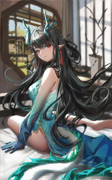 Anime picture 3370x5373 with arknights dusk (arknights) dusk (everything is a miracle) (arknights) sishima single long hair tall image looking at viewer highres black hair smile red eyes sitting absurdres indoors tail traditional clothes looking back horn (horns) pointy ears