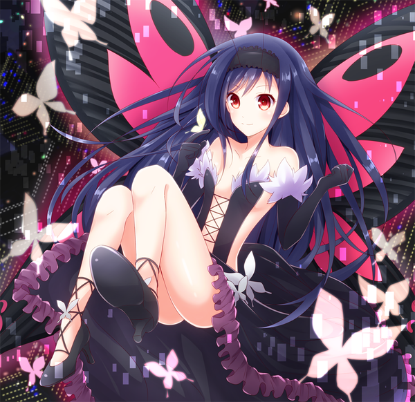 Anime picture 1000x970 with accel world sunrise (studio) kuroyukihime iincho (airi8751) single long hair black hair red eyes bare shoulders legs insect wings butterfly wings girl dress gloves elbow gloves headdress insect butterfly