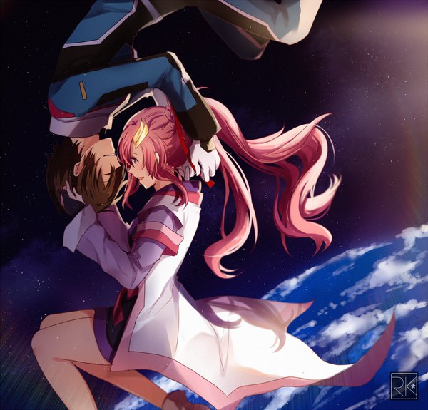 Anime picture 1103x1058 with mobile suit gundam gundam seed destiny sunrise (studio) lacus clyne kira yamato k-rumi long hair brown hair pink hair ponytail eyes closed profile couple face to face space weightlessness rotational symmetry girl boy ribbon (ribbons)