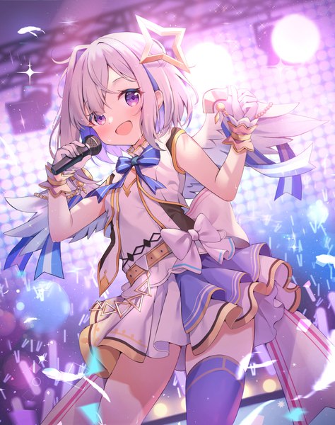 Anime picture 3000x3800 with virtual youtuber hololive amane kanata hanen (borry) single tall image looking at viewer highres short hair open mouth purple eyes silver hair :d multicolored hair sparkle colored inner hair hololive idol uniform girl thighhighs bow