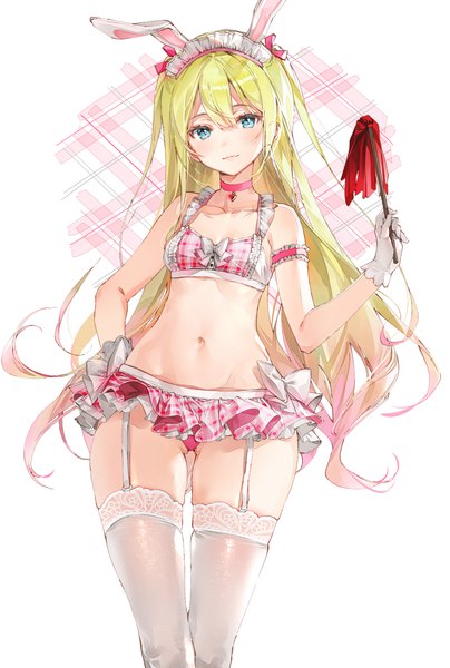 Anime picture 1009x1500 with original dsmile single long hair tall image looking at viewer blush fringe blue eyes light erotic simple background blonde hair hair between eyes standing white background bare shoulders holding animal ears payot bare belly