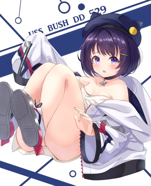 Anime picture 859x1056 with azur lane bush (azur lane) tsukiman single tall image blush fringe short hair breasts open mouth light erotic purple eyes purple hair full body ass wide sleeves open jacket bare legs :o character names
