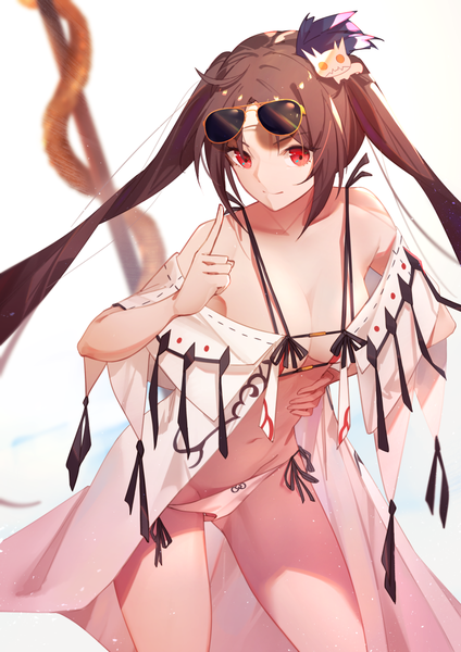 Anime picture 827x1169 with fate (series) fate/grand order yu mei-ren (fate) yu miaoyi (swimsuit lancer) faicha single long hair tall image looking at viewer fringe breasts light erotic simple background smile red eyes brown hair standing white background twintails payot
