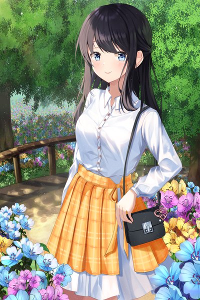 Anime picture 3000x4500 with original ron me s2 single long hair tall image looking at viewer blush fringe highres blue eyes black hair smile standing payot outdoors long sleeves fingernails girl skirt flower (flowers)