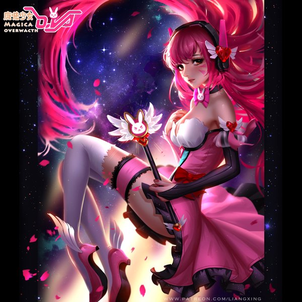 Anime-Bild 1000x1000 mit overwatch blizzard entertainment d.va (overwatch) liang xing single long hair looking at viewer blush fringe breasts light erotic hair between eyes holding brown eyes signed pink hair cleavage full body bent knee (knees) very long hair