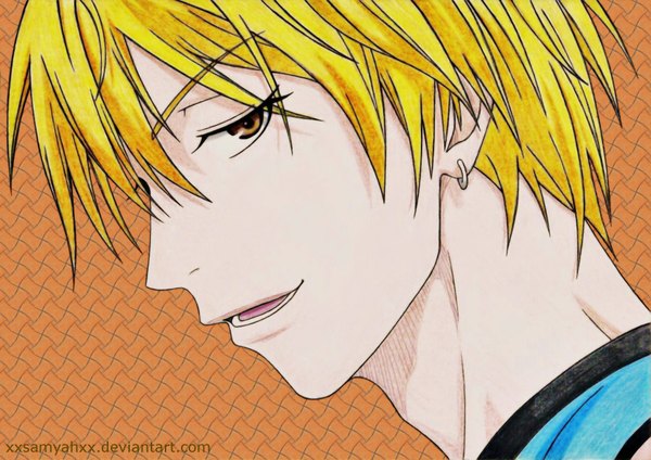 Anime picture 1753x1240 with kuroko no basket production i.g kise ryouta samyah (artist) single highres short hair open mouth blonde hair smile brown eyes profile close-up face boy earrings