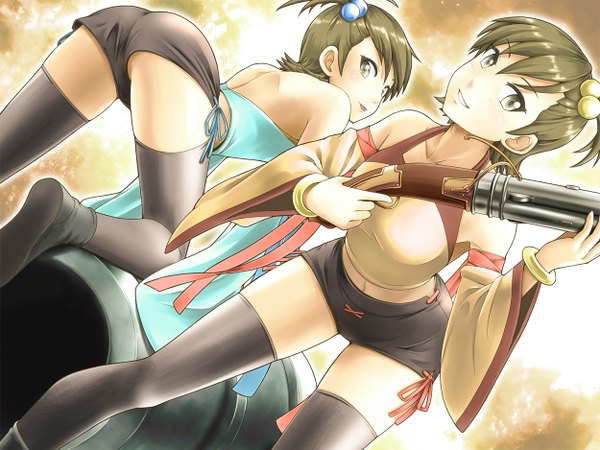 Anime picture 1250x938 with idolmaster futami mami futami ami doku hebi looking at viewer short hair light erotic smile brown hair bare shoulders multiple girls brown eyes looking back girl thighhighs hair ornament weapon 2 girls shorts tongue