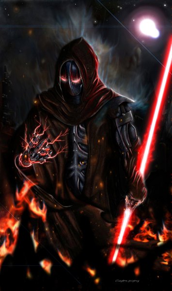 Anime picture 1024x1732 with star wars sith lord m-for-moddel tall image red eyes realistic magic glowing light glowing eye (eyes) boy weapon hood cloak mask fire