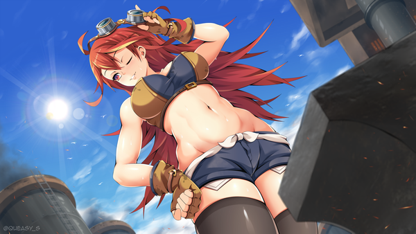 Anime picture 1920x1080 with maplestory maplestory 2 ophelia (maplestory 2) queasy s single long hair fringe highres breasts light erotic smile red eyes wide image large breasts standing signed looking away sky cloud (clouds) ahoge
