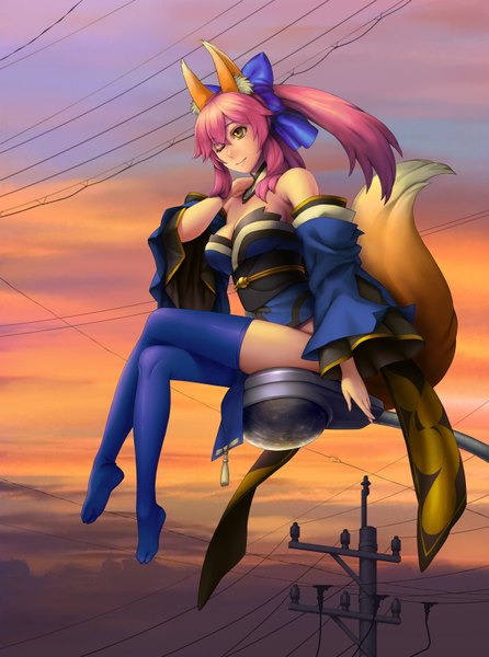 Anime picture 1190x1600 with fate (series) fate/extra type-moon tamamo (fate) (all) tamamo no mae (fate) irie (artist) single long hair tall image animal ears yellow eyes pink hair animal tail girl thighhighs