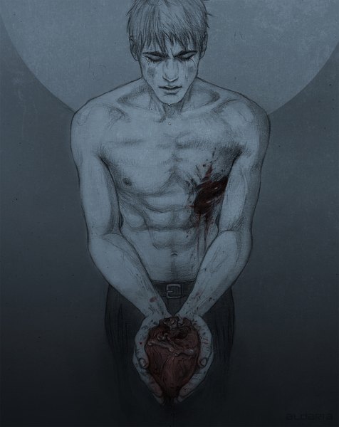 Anime picture 1500x1892 with kuroko no basket production i.g kiyoshi teppei aldaria single tall image short hair light erotic simple background signed eyes closed grey hair tears monochrome muscle crying shirtless boy navel heart