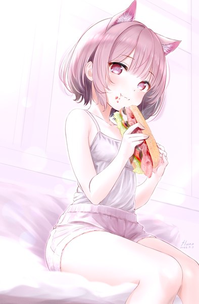 Anime picture 2000x3049 with original fluno single tall image highres short hair light erotic sitting purple eyes animal ears pink hair sleeveless dated eating food on face girl food shorts short shorts camisole