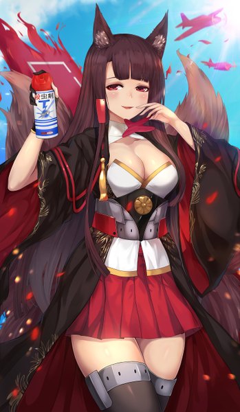 Anime picture 1600x2748 with azur lane akagi (azur lane) beluga dolphin single long hair tall image looking at viewer blush fringe breasts open mouth light erotic red eyes brown hair standing holding animal ears sky cleavage outdoors