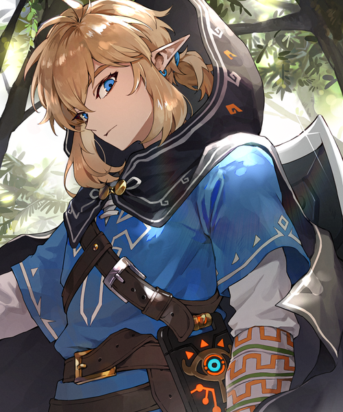 Anime picture 1500x1800 with the legend of zelda the legend of zelda: breath of the wild nintendo link monza (saeumon) single tall image looking at viewer short hair blue eyes blonde hair payot upper body ponytail pointy ears boy plant (plants) tree (trees) hood