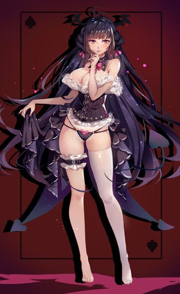 Anime picture 3000x4872 with original melailai single long hair tall image looking at viewer blush fringe highres breasts light erotic black hair smile large breasts standing bare shoulders holding payot cleavage full body
