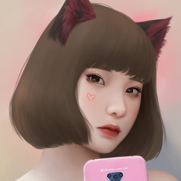 Anime picture 1200x1200 with original hana (jubi) jubi (regiana) single looking at viewer short hair brown hair brown eyes animal ears cat ears realistic lipstick facial mark portrait red lipstick expressionless self shot girl heart mobile phone