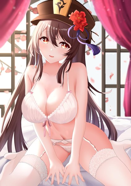 Anime picture 3541x5016 with genshin impact hu tao (genshin impact) cg xiao baishu single tall image looking at viewer blush fringe highres breasts open mouth light erotic smile hair between eyes red eyes brown hair large breasts sitting twintails absurdres