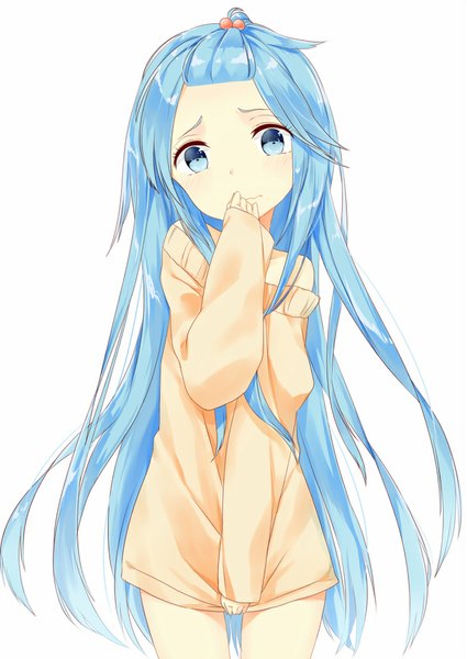 Anime picture 680x961 with original kyuri tizu single long hair tall image blue eyes simple background standing bare shoulders blue hair bare legs embarrassed pink background girl hair ornament hair tie hair bobbles