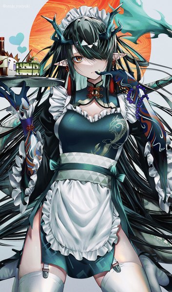 Anime-Bild 1766x3005 mit arknights nian (arknights) dusk (arknights) senju yosiyuki single tall image looking at viewer fringe highres red eyes sitting very long hair traditional clothes horn (horns) pointy ears hair over one eye finger to mouth wariza chinese clothes dark hair