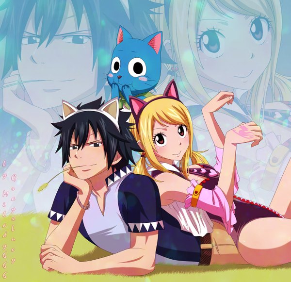 Anime picture 1280x1240 with fairy tail lucy heartfilia gray fullbuster happy (fairy tail) milady666 long hair blush short hair light erotic black hair blonde hair smile twintails brown eyes animal ears black eyes cat ears arm support tattoo mouth hold