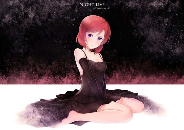 Anime picture 2019x1426 with love live! school idol project sunrise (studio) love live! nishikino maki ulyssesd single looking at viewer blush fringe highres short hair breasts hair between eyes sitting purple eyes bare shoulders signed full body bent knee (knees) red hair