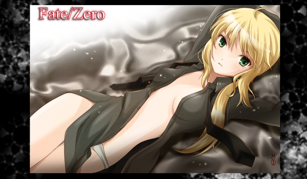Anime picture 1377x807 with fate (series) fate/stay night fate/zero studio deen type-moon artoria pendragon (all) saber machinosuke single short hair light erotic blonde hair wide image green eyes ahoge open clothes pantyshot open shirt girl underwear