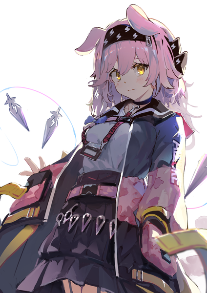 Anime picture 1521x2151 with arknights goldenglow (arknights) sinsou 11 single tall image looking at viewer fringe short hair hair between eyes standing white background animal ears yellow eyes pink hair cat ears from below cat girl girl hairband
