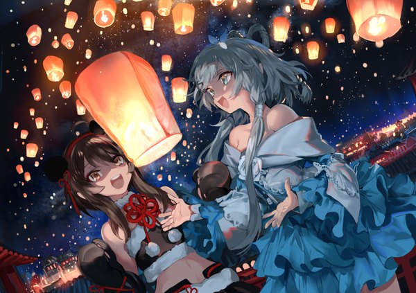 Anime picture 971x685 with vocaloid vocaloid china luo tianyi yuezheng ling ran (pixiv2957827) long hair open mouth blue eyes brown hair twintails bare shoulders multiple girls brown eyes looking away :d green hair night bare belly dutch angle night sky