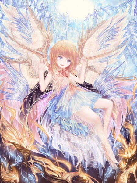 Anime picture 1200x1600 with original rinmmo single tall image looking at viewer fringe short hair breasts open mouth blue eyes blonde hair smile hair between eyes sky cloud (clouds) full body bent knee (knees) outdoors :d sleeveless