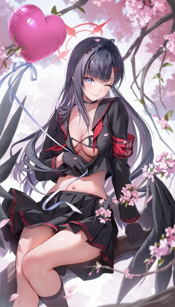 Anime picture 2286x4000 with blue archive ichika (blue archive) houkisei single long hair tall image looking at viewer blush fringe highres breasts blue eyes light erotic black hair smile sitting holding cleavage bent knee (knees) long sleeves