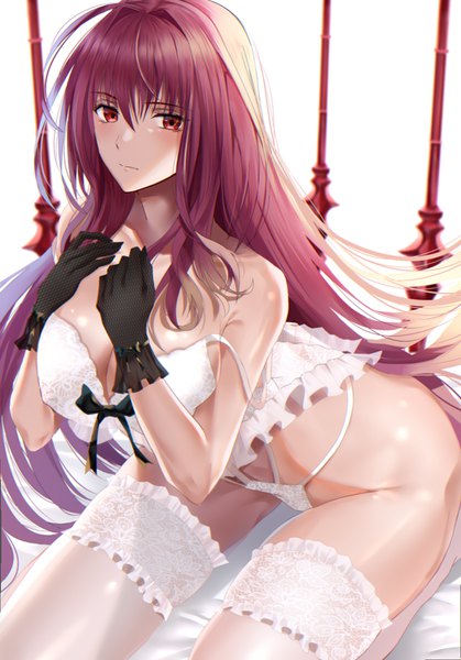 Anime picture 978x1400 with fate (series) fate/grand order scathach (fate) (all) scathach (fate) nicky w single long hair tall image looking at viewer blush fringe breasts light erotic simple background hair between eyes red eyes large breasts white background bare shoulders cleavage