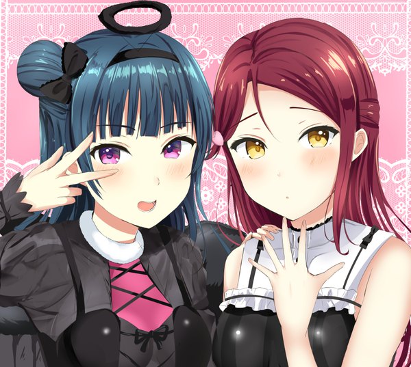 Anime picture 900x806 with love live! sunshine!! sunrise (studio) love live! sakurauchi riko tsushima yoshiko morerin long hair looking at viewer blush fringe open mouth simple background hair between eyes purple eyes multiple girls yellow eyes payot blue hair upper body red hair