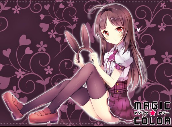 Anime picture 1310x969 with original usagihime single long hair red eyes brown hair bunny ears girl thighhighs dress skirt black thighhighs miniskirt toy stuffed animal