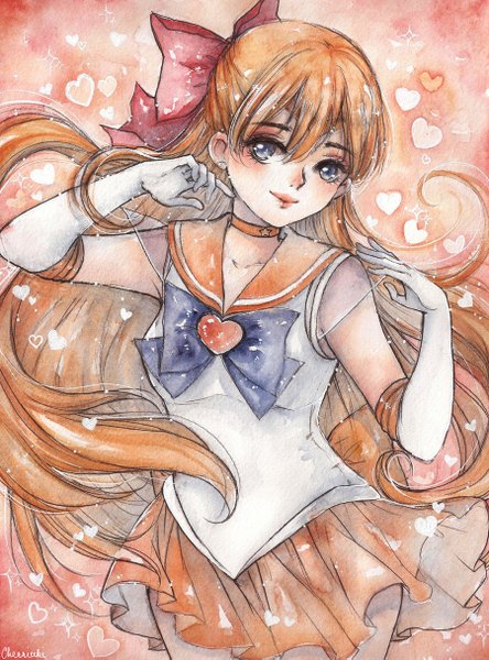 Anime picture 900x1215 with bishoujo senshi sailor moon toei animation aino minako sailor venus cherriuki single long hair tall image fringe blue eyes hair between eyes signed wind orange hair sparkle lipstick half updo red lipstick traditional media watercolor (medium)