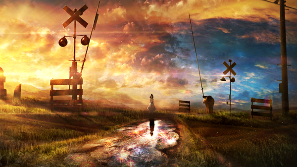 Anime picture 2560x1440 with vocaloid aria on the planetes (vocaloid) c.c.r single fringe highres short hair wide image standing sky cloud (clouds) outdoors traditional clothes japanese clothes lens flare reflection hands behind back landscape summer fireworks