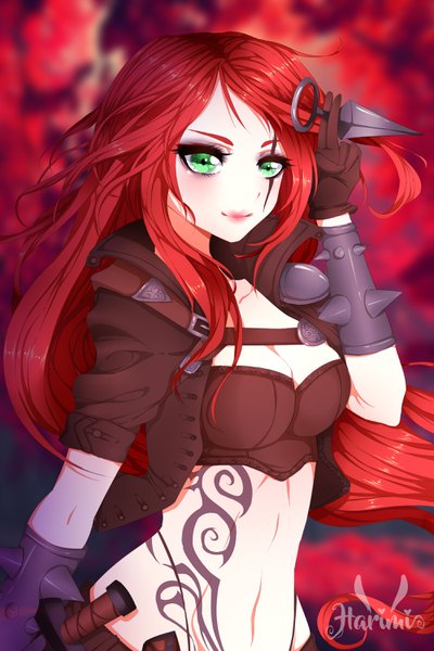Anime picture 2000x3000 with league of legends katarina (league of legends) harimii single long hair tall image looking at viewer blush highres breasts light erotic smile green eyes signed cleavage red hair light smile midriff tattoo lipstick
