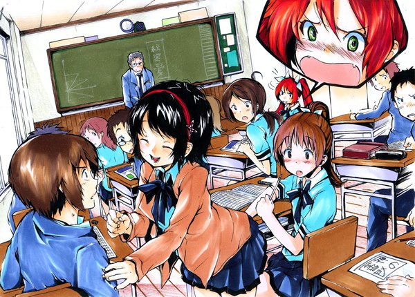 Anime picture 1600x1146 with original eudetenis long hair short hair open mouth black hair brown hair twintails multiple girls brown eyes green eyes red hair eyes closed multiple boys side ponytail 6+ girls surprised classroom traditional media 6 girls
