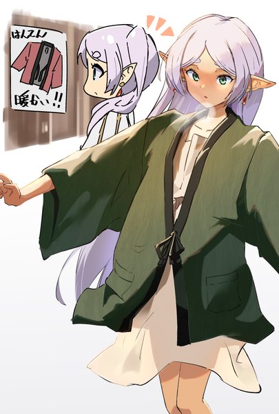 Anime picture 1744x2584 with sousou no frieren frieren rokochan single long hair tall image highres green eyes silver hair traditional clothes japanese clothes pointy ears elf girl dress earrings white dress poster