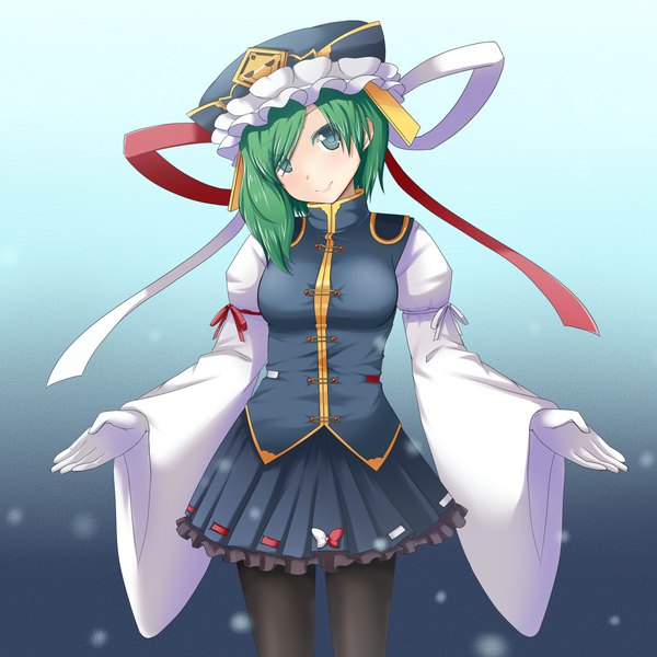Anime picture 1800x1800 with touhou shikieiki yamaxanadu mono (mono60) single looking at viewer highres short hair breasts blue eyes smile long sleeves head tilt pleated skirt green hair wide sleeves gradient background girl skirt gloves hat